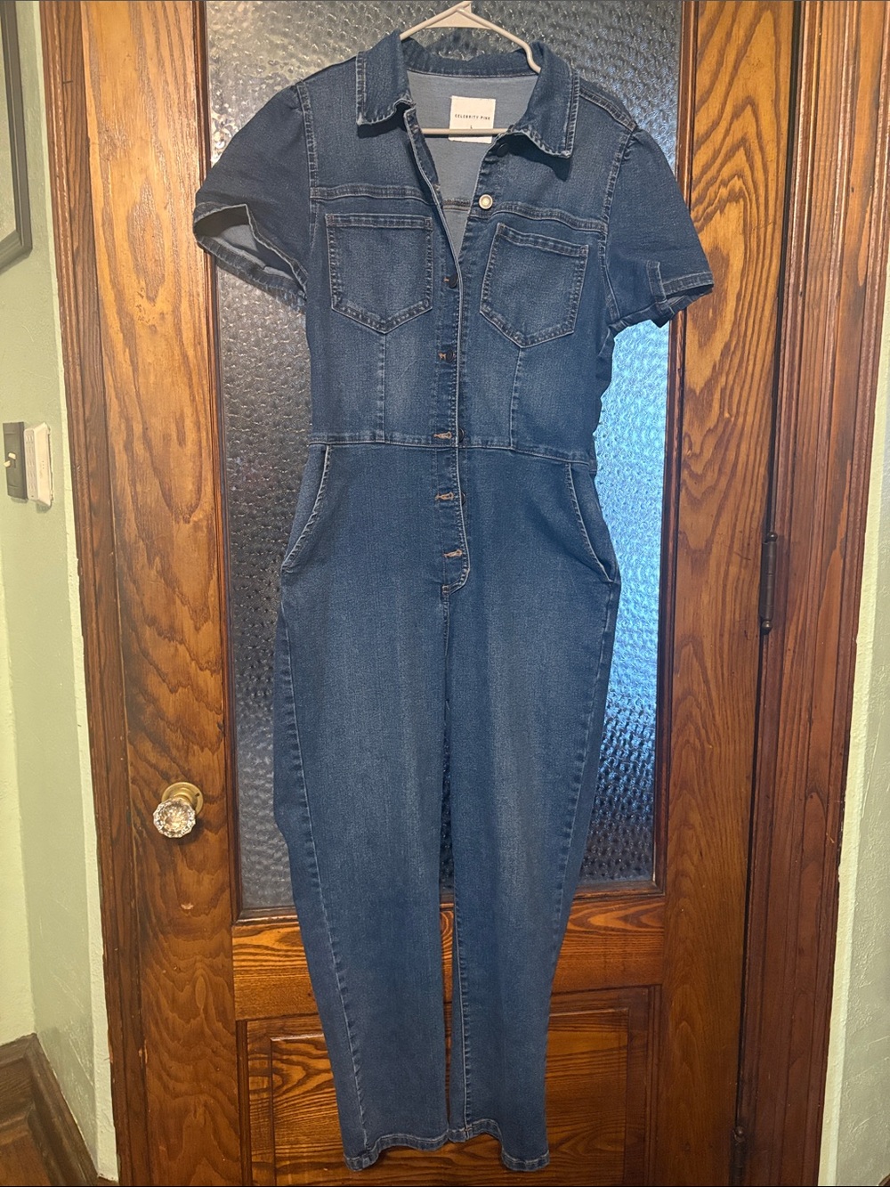 Celebrity Pink Dark Blue Denim Short-Sleeve Jumpsuit